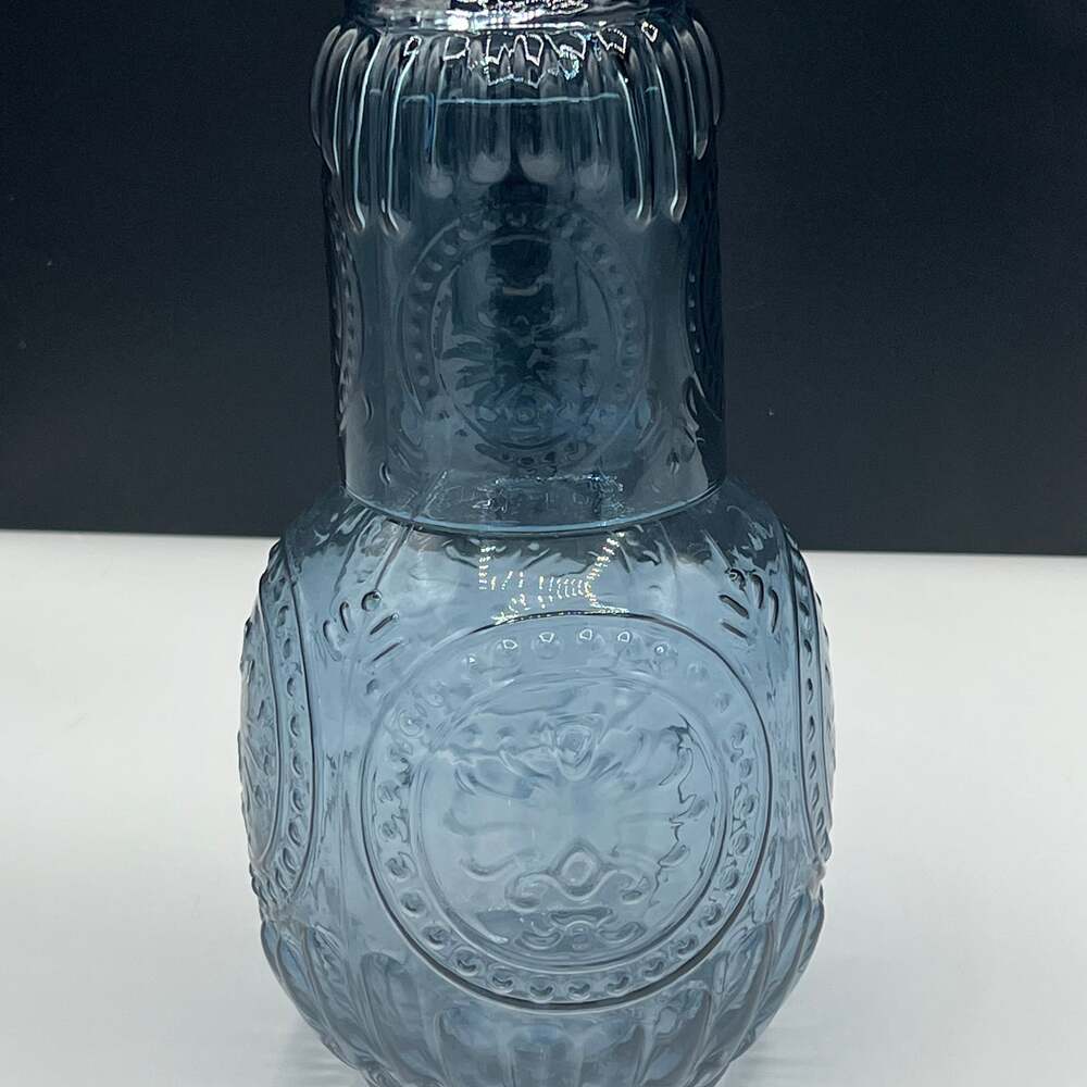 NWOT Art Glass Smokey Blue Embossed Pressed Design Tumble Up Set As Is
